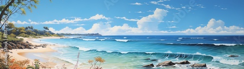 Sunlit summer beach scene with golden sand and vibrant blue skies, perfect for relaxation and sunbathing