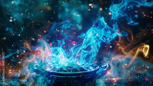 AI witches casting spells, digital cauldron, holographic elements
