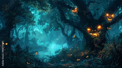 AI-enhanced spooky forest, digital fog, glowing eyes in the dark photo