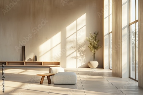 A image of interior of modern room with prop while sun ray shine at window show shadow with minimalism style. Light coming in from the window creates a bright and airy feel in the modern room. AIG42. © Summit Art Creations