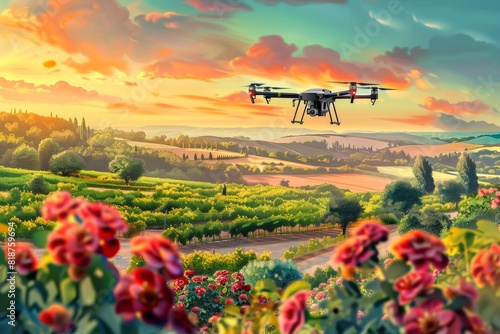 Smart farming with precision drone technology for crop management, utilizing agricultural technology for sustainable field care and farm development. © Leo