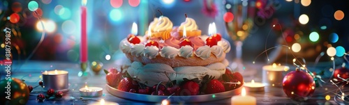 Candles are lit on a cake with strawberries and strawberries photo