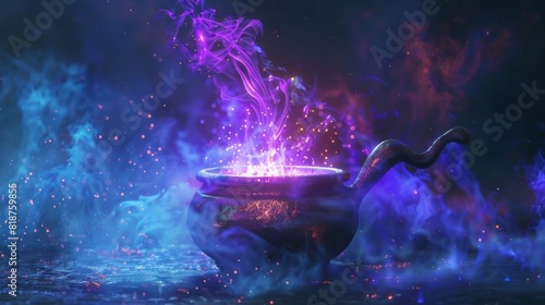 AI witches brewing potions, digital spell effects, holographic cauldron