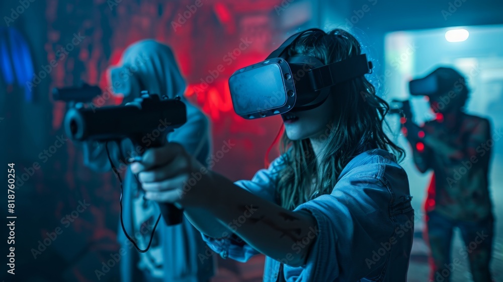 Virtual reality zombie game, players fighting AI zombies, immersive gameplay