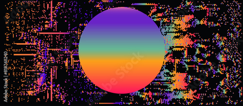Glitched background with holographic random pixel noise and circle with neon gradient. Conceptual illustration of a technological bug and a error in the system.