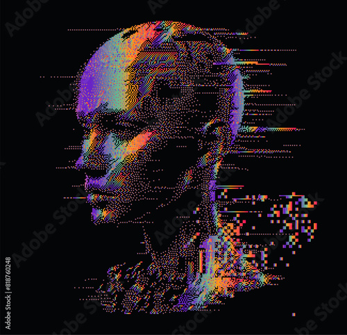 3D human face made of holographic pixels and particles on a dark background. A conceptual vector illustration of identity in virtual reality.