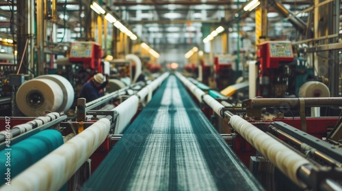 A photo of interior of woven factory with machine working while waving cloth. A machines stand sentinel, their mechanical arms reaching out with precision to manipulate threads and yarns. AIG42. photo