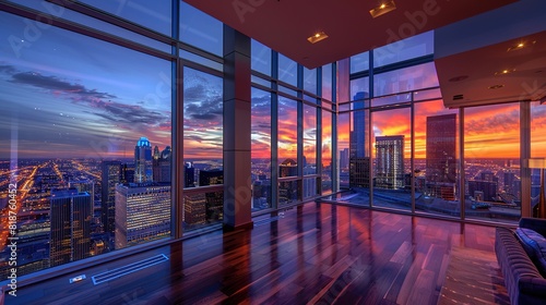 Luxurious Penthouse Suite with Cityscape View. A luxurious penthouse suite with floor-to-ceiling windows showcasing a stunning cityscape at sunset. photo