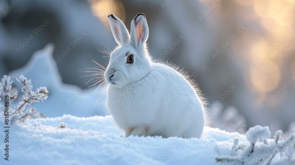 AI-generated illustration of a white rabbit in a snowy landscape on a sunny day