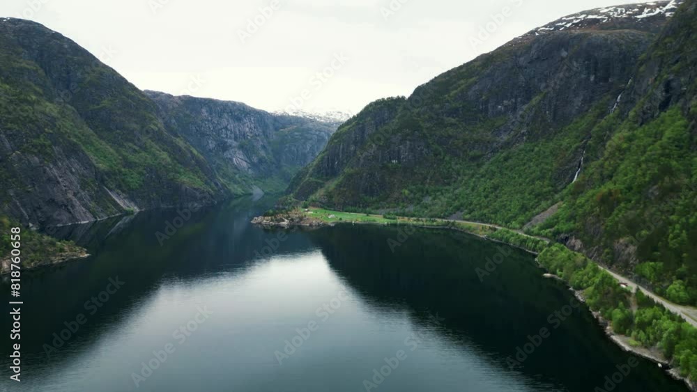 Dramatic 4K drone shot of Akrafjord on a cloudy day. Dramatic 4K drone shot of Akrafjord on a cloudy day.
