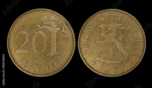 Canvas Print Close-up of Finish Markka, 20 pennia coin from 1963 on a black background