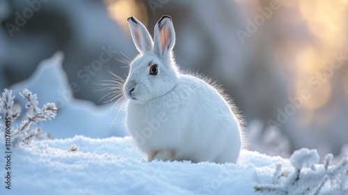 AI-generated illustration of a white rabbit in a snowy landscape on a sunny day