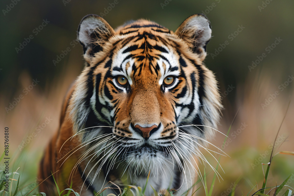 Tiger staring directly into camera with blurred grass in the background. Wildlife photography. Wildlife conservation and animal protection concept. Design for poster and educational material. Closeup Tiger staring directly into camera with blurred grass in the background. Wildlife photography. Wildlife conservation and animal protection concept. Design for poster and educational material. Closeup