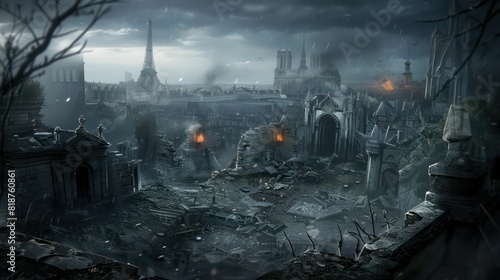 An eerie gothic cemetery in Paris, illuminated by a full moon and surrounded by dark clouds, with the Eiffel Tower visible in the background