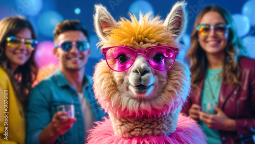 a group pink fluffy llama alpaca smile wearing sunglasses with party disco bar background © DesveryRafnika