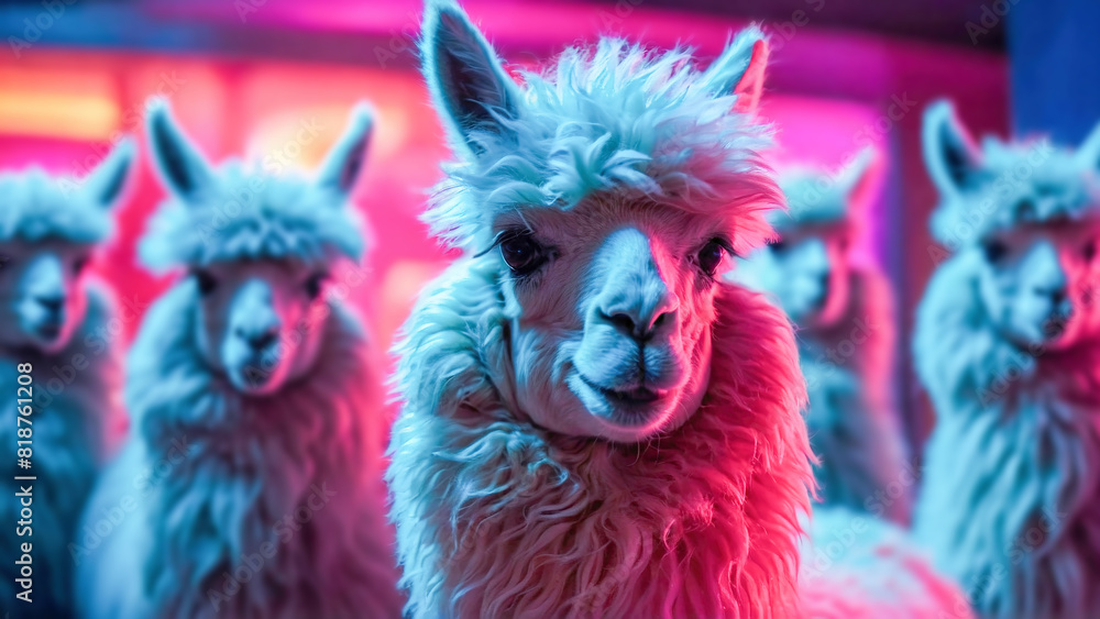 a group pink fluffy llama alpaca smile wearing sunglasses with party disco bar background