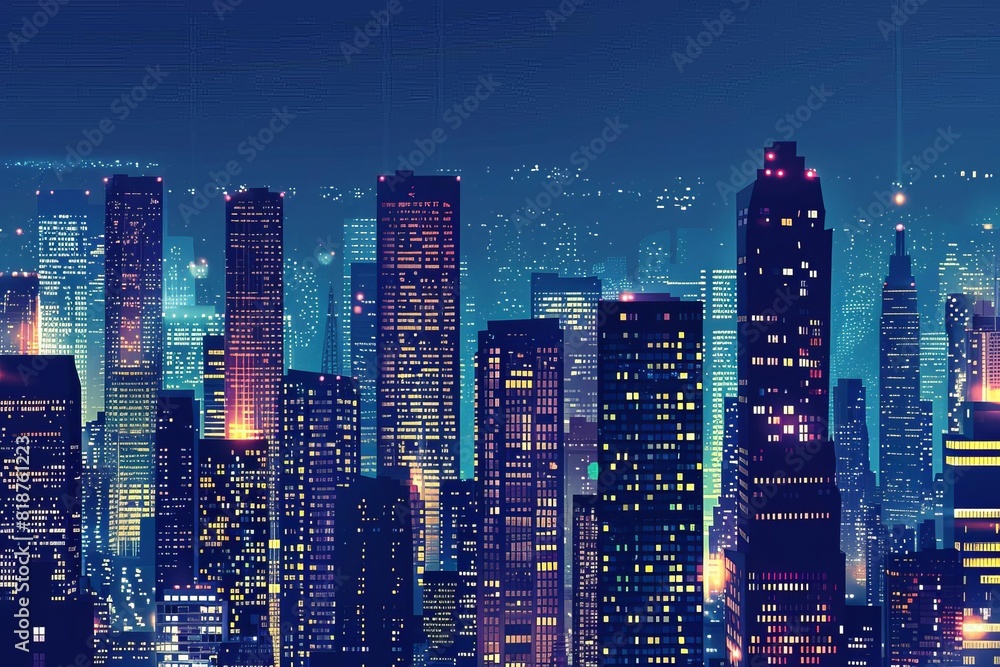 city skyline night glowing windows skyscrapers buildings lights illuminated modern urban architecture vector illustration futuristic metropolis 