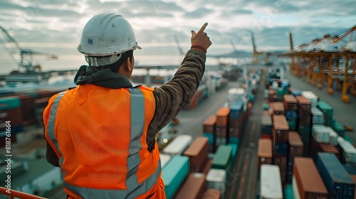 Peruvian Logistics Professional Pointing Towards Expansive Port Infrastructure photo