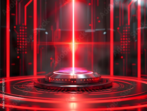 Futuristic High-Tech Device Emitting Vibrant Red Laser Beam on Intricate Circular Platform