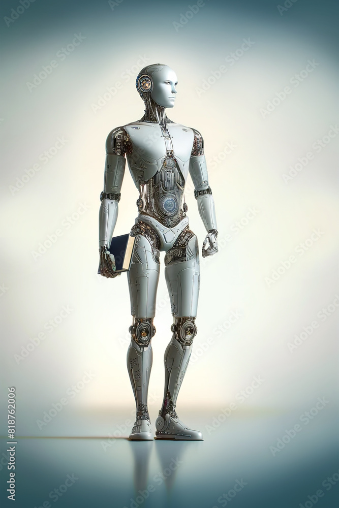 Android robot, pose 35. Robot holds a book in his hand Android robot, pose 35. Robot holds a book in his hand