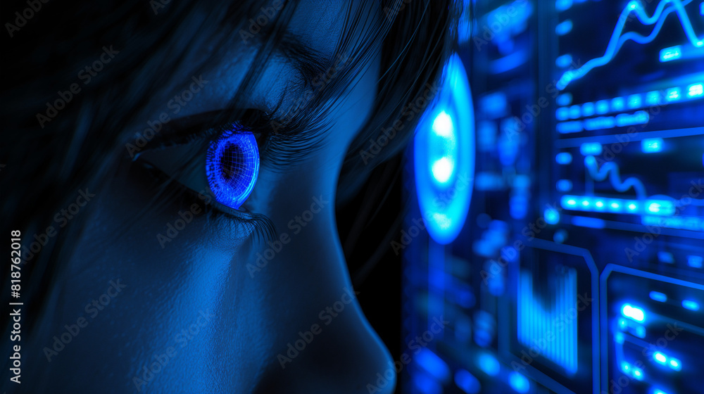 Close-up eye and a futuristic data screen panel on a dark blue background.