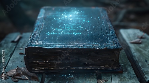 Mysterious Glowing Ancient Tome with Arcane Markings and Shimmering Script in Dark Fantasy Gothic Style © yelosole