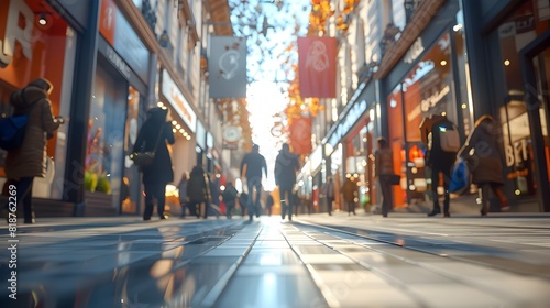 Vibrant Urban Shopping Promenade with Blurred Passersby and Hanging Advertisement Banner photo