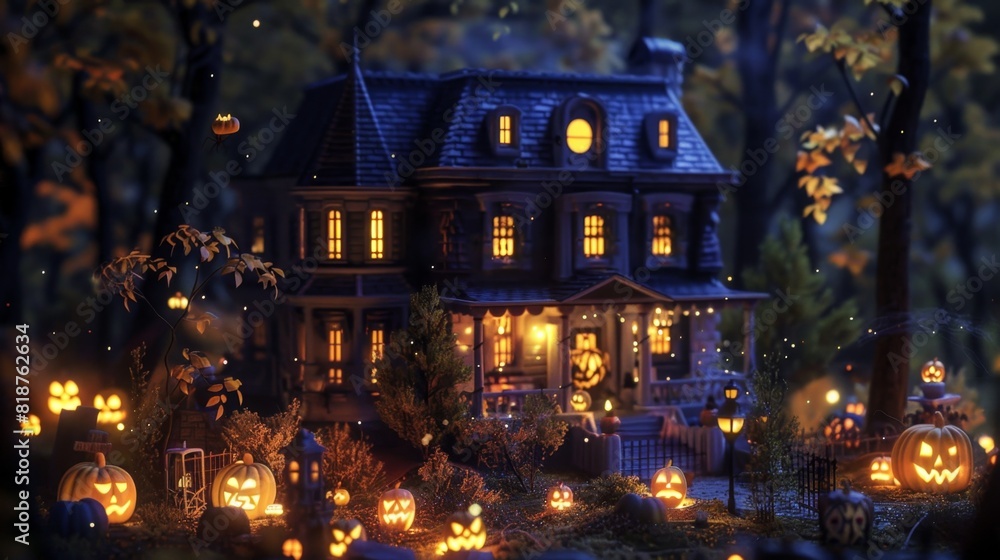 Smart home with AI-controlled Halloween decorations, interactive and spooky