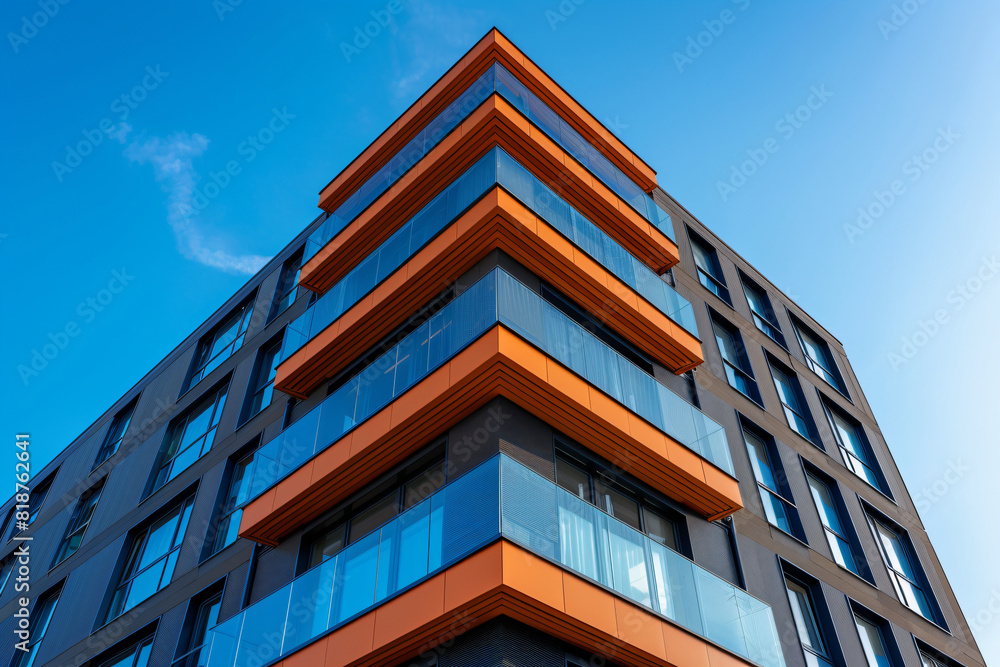 Modern building with orange and glass balconies against a blue sky. Architectural photo. Urban development and modern architecture concept. Design for architectural magazines Modern building with orange and glass balconies against a blue sky. Architectural photo. Urban development and modern architecture concept. Design for architectural magazines