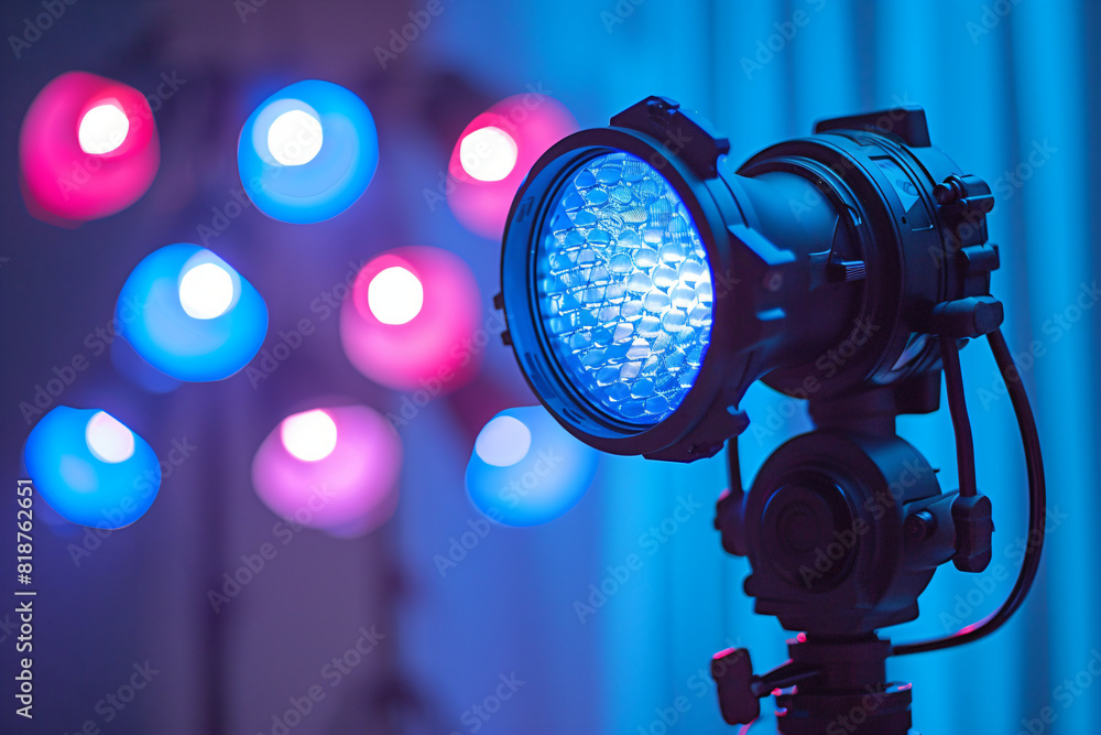 Studio lighting equipment with blue and pink lights in the background. Professional photography gear photo. Studio and lighting setup concept. Design for photography magazines and equipment advertisem Studio lighting equipment with blue and pink lights in the background. Professional photography gear photo. Studio and lighting setup concept. Design for photography magazines and equipment advertisem