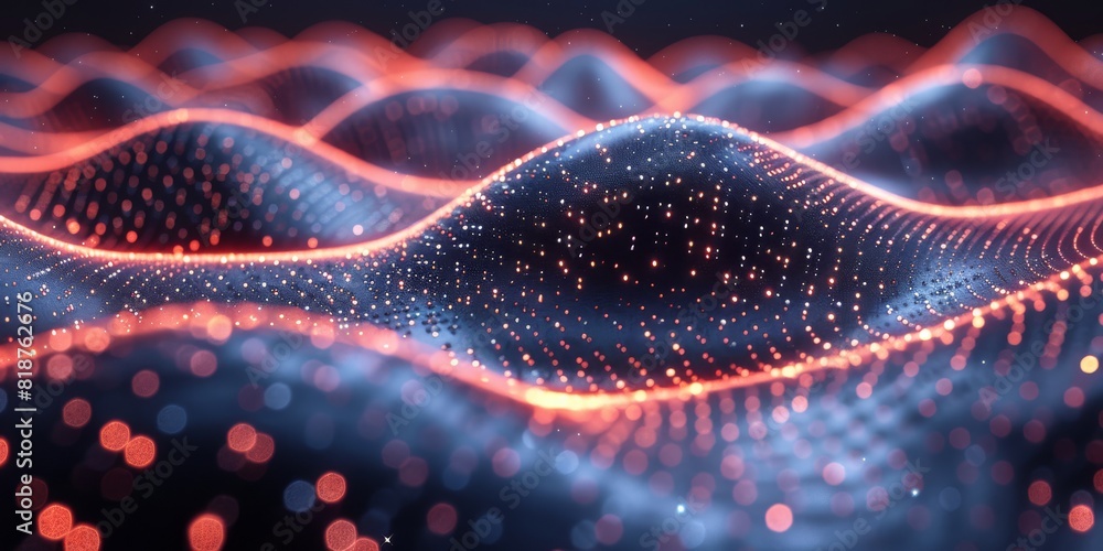 An illustration showing a wave with hues of purple and pink, resembling a water wave, under a cloudy sky with shades of violet and magenta. Abstract bright background. High quality illustration