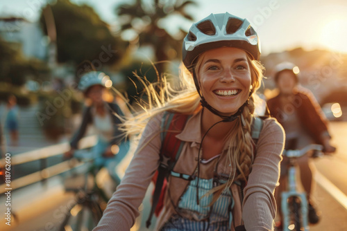 A woman is smiling and riding a bike with her friends. The scene is bright and cheerful, with the sun shining down on the group. The woman is wearing a helmet and a backpack