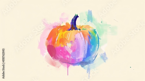 This is a watercolor painting of a pumpkin. The pumpkin is painted in a variety of colors  including red  orange  yellow  green  blue  and purple.