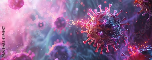 Microscope View of a Virus Under Attack An illustration of a modified immune cell attacking a virus particle, symbolizing immune system enhancement through gene editing