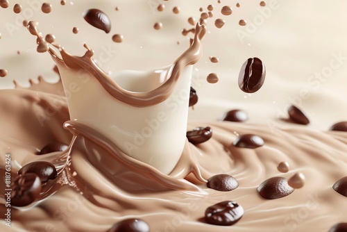 coffee beans milk swirling floating liquid splash 3d illustration concept illustration surreal beverage food cafe movement creamy frothy brown drops white realistic 