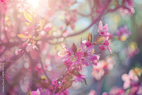 A tree with pink flowers is in the foreground. The flowers are in full bloom and the sunlight is shining on them, creating a warm and inviting atmosphere © Image-Love