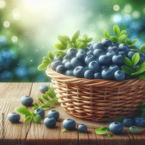 A rustic basket with fresh blueberries on a wooden table and a blurred natural background
