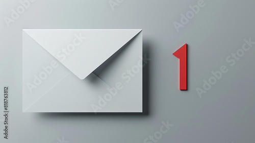 A white and red 3D illustration of a closed envelope with a flap and a red number one on a grey background. photo