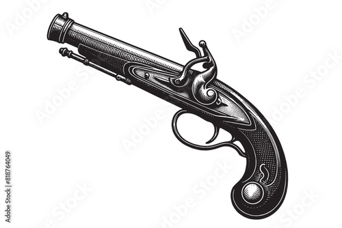 Old pirate musket, pistol. Beautiful vintage engraving vector illustration. Black outline	