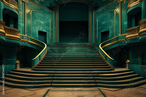 From a theatre box, a view of a bifurcated staircase in deep emerald, with the stage in sight. photo