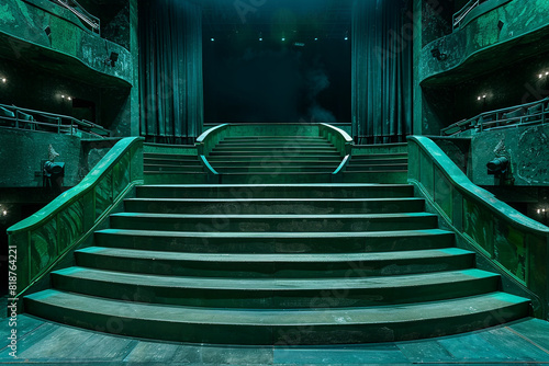 Theatrical view from a private box of a bifurcated staircase in emerald, stage visible below. photo