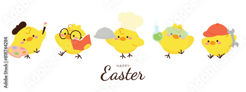 Set of cute easter chicks vector. Happy animal occupation with yellow chicks in different career, doctor, farmer, chef, teacher. Chicken character illustration design for clipart, sticker, card.