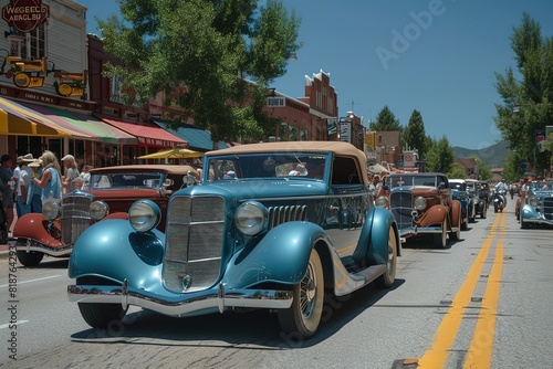 A vibrant parade of antique cars, each one a unique piece of automotive history, parading through a charming town