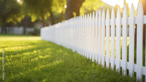 A white picket fence with a green grass background photo