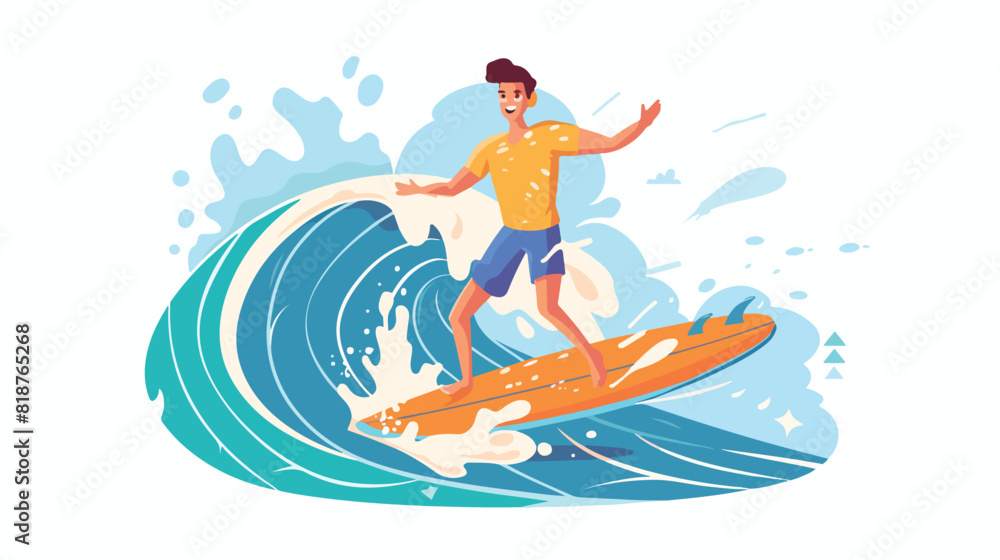 Smiling guy standing on surfboard ride at wave vector