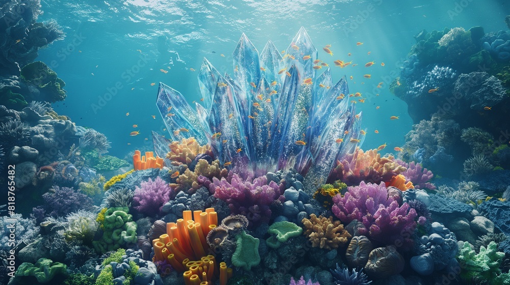 A crystalline shield rising from the depths of the ocean, safeguarding a coral reef teeming with vibrant marine life. 32k, full ultra hd, high resolution
