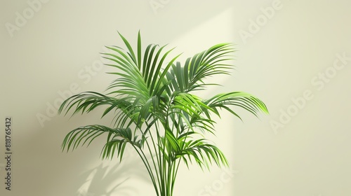 A beautiful lush green palm tree in a white pot in front of a beige wall with shadows on the wall.