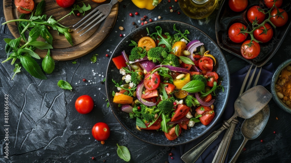 Close-up of a fresh and colorful vegetable salad, perfect for health and nutrition blogs, food articles, and healthy eating promotions.