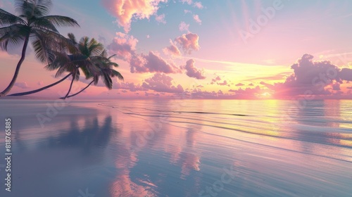 Stunning sunset view of a tropical beach with palm trees  perfect for travel blogs  vacation promotions  and scenic wallpapers.