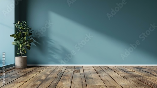 The image is a 3D rendering of an empty room with a wooden floor and a blue wall. There is a potted plant in the corner of the room.